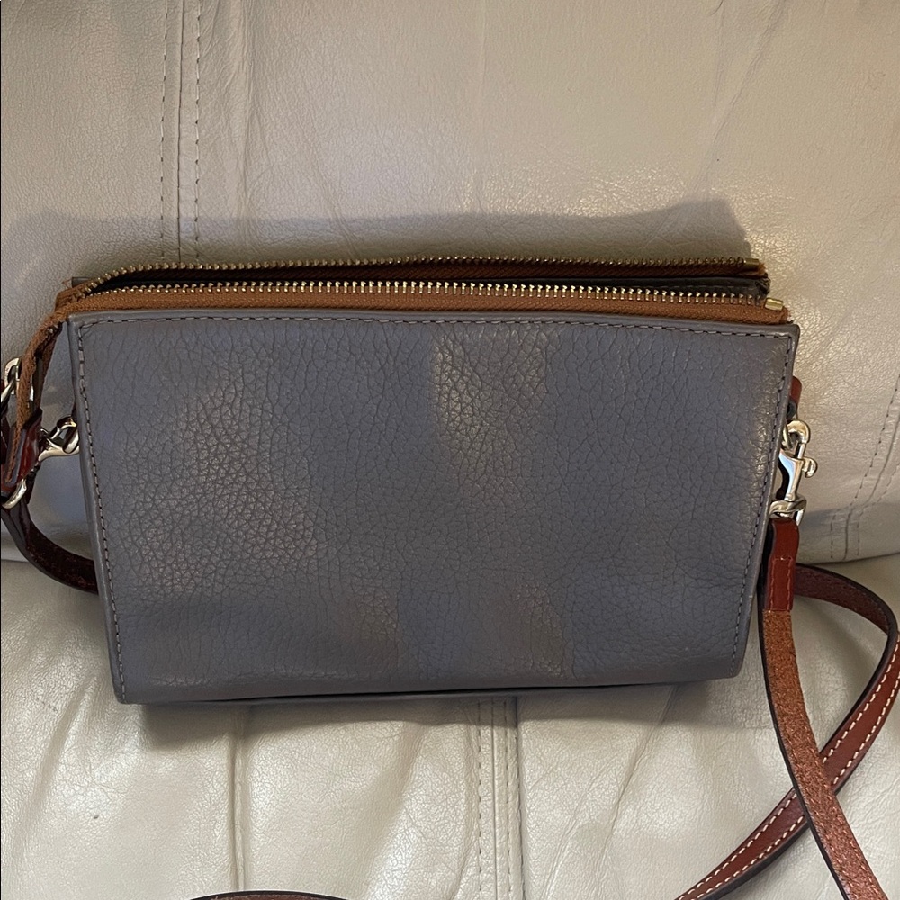 Dooney & Bourke Gray Leather Crossbody Bag Brown Strap & Gold Accents - Picture 4 of 6
